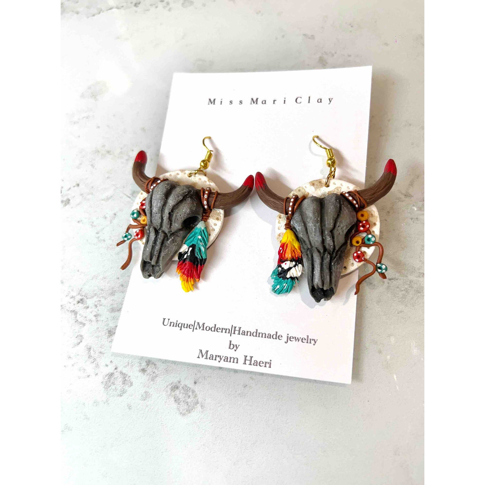 Bohemian Bull Skull Clay Earrings Longhorn Western Earrings Cow Clay Earrings 3