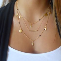 Korean Multi-Layer Necklace with Chains, Beads, and Leaf Pendant - Women's Stylish Jewelry