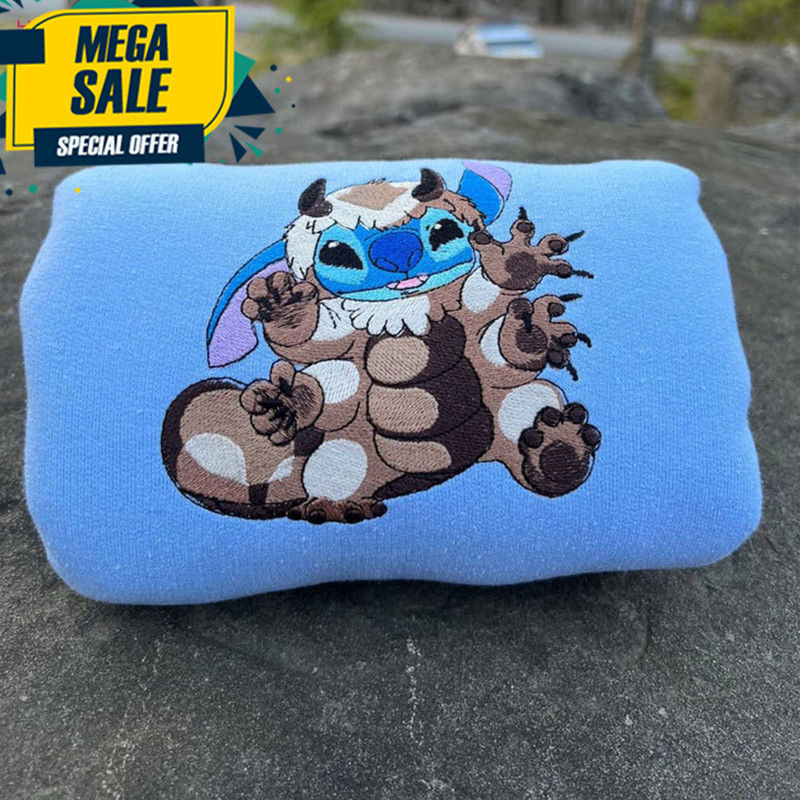 Appa Avatar Anime And Lilo And Stitch Cartoon Cute Embroidery Crewneck Embroidered Shirt.jpg