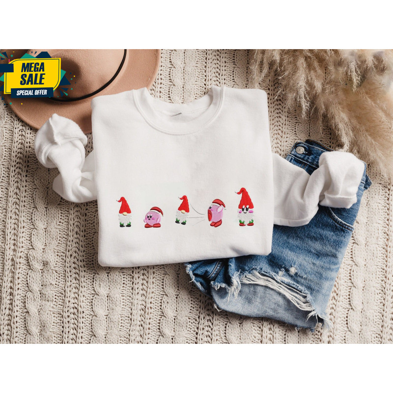Kirby And Santa Embroidered Kirby Embroidered Crewneck Kirby Christmas Gift Box Anime Animation Kirby Embroidery Xmas Shirt.jpg