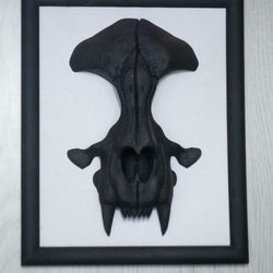 wall-mounted sculpture with cat skull, framed skull, black and white minimalism, wall sculpture, frame art, faux cat sku