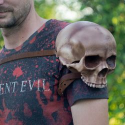 skull pauldrons, human skull shoulder pads, fantasy armor, cosplay armor, celtic leather armor, viking armor, larp armor