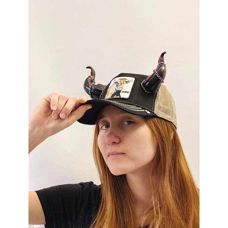 Baseball Cap With Devil Horns With Black And Red Bull Horns For Halloween Photoshoot Realistic Fant 0