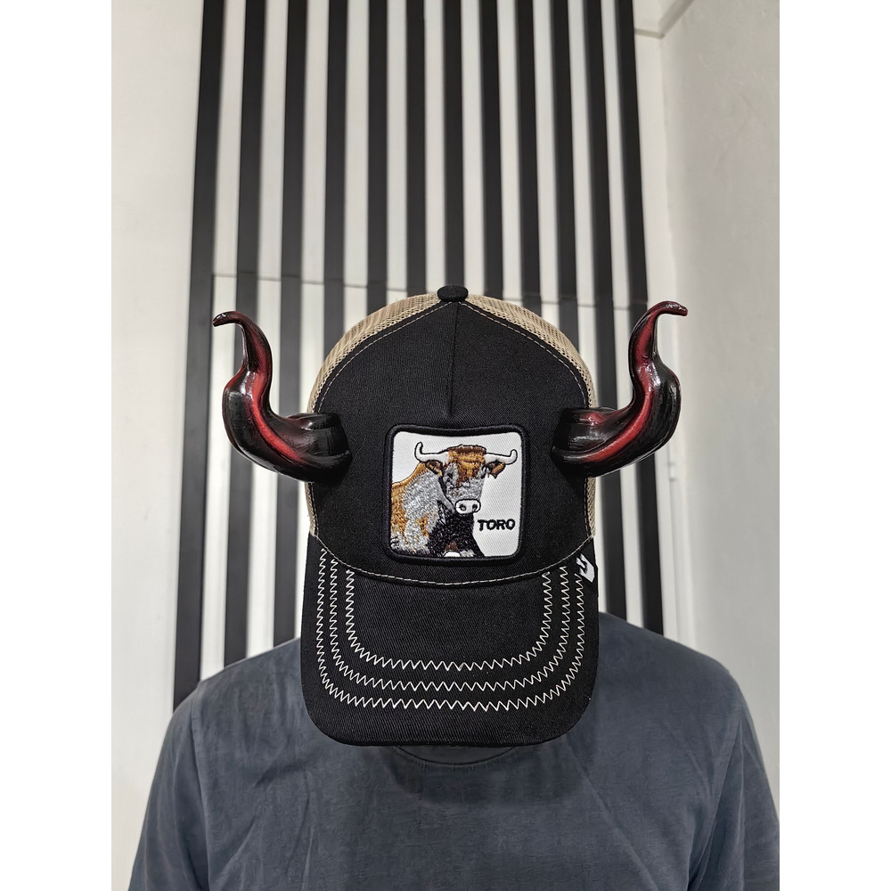 Baseball Cap With Devil Horns With Black And Red Bull Horns For Halloween Photoshoot Realistic Fant 1