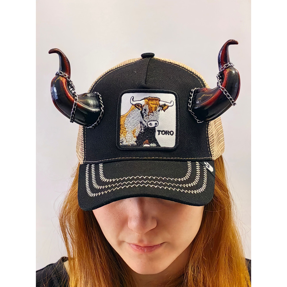 Baseball Cap With Devil Horns With Black And Red Bull Horns For Halloween Photoshoot Realistic Fant 3