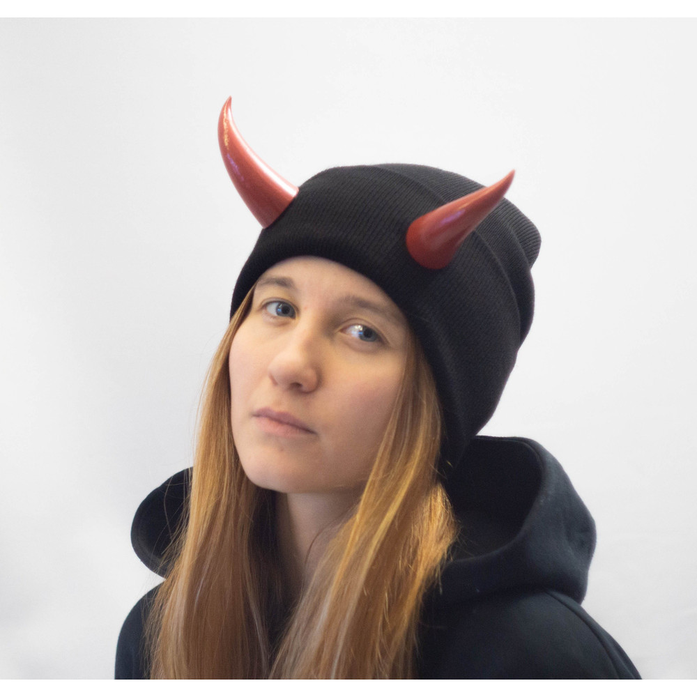 Black Beanie With Red Devil Horns Slouchy Fishermanstyle Beanie With Bull Horns For Halloween Photo 0