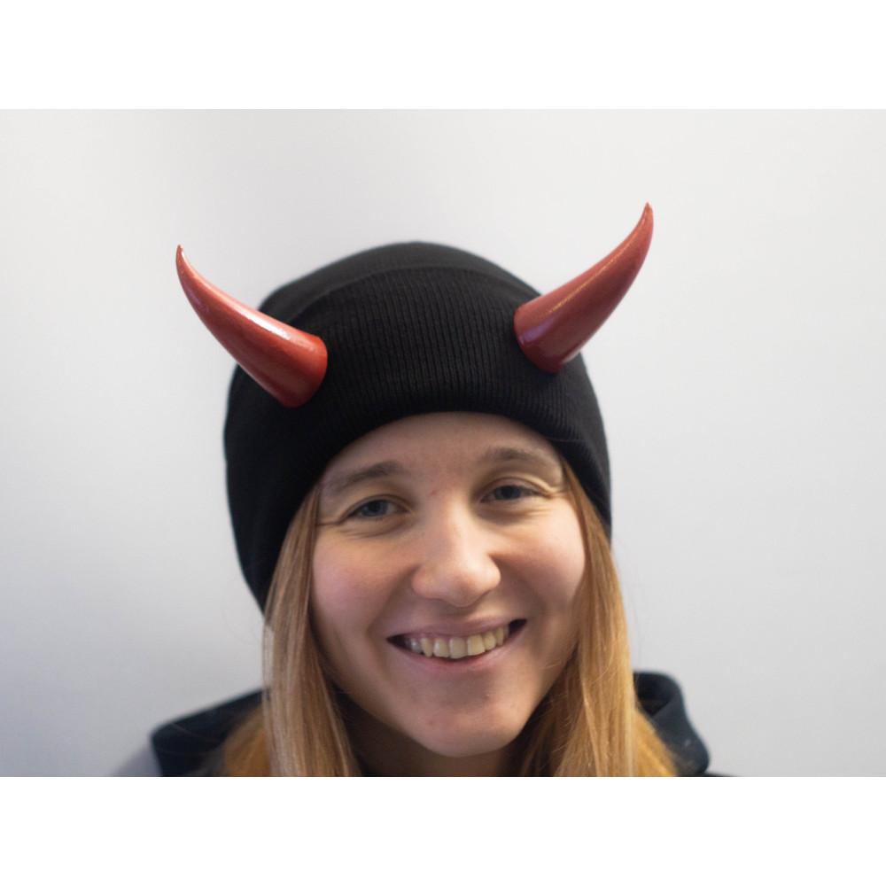 Black Beanie With Red Devil Horns Slouchy Fishermanstyle Beanie With Bull Horns For Halloween Photo 1