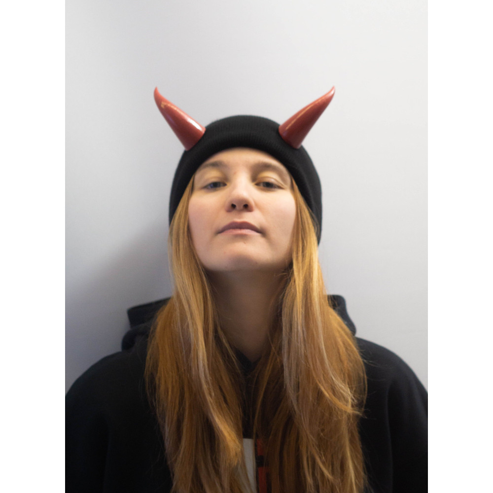 Black Beanie With Red Devil Horns Slouchy Fishermanstyle Beanie With Bull Horns For Halloween Photo 2