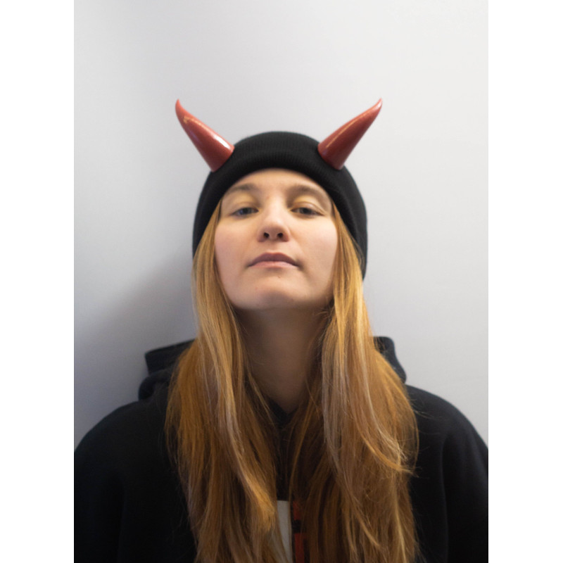 Black Beanie With Red Devil Horns Slouchy Fishermanstyle Beanie With Bull Horns For Halloween Photo 2