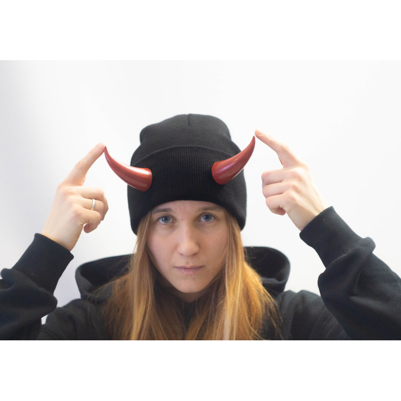 Black Beanie With Red Devil Horns Slouchy Fishermanstyle Beanie With Bull Horns For Halloween Photo 3