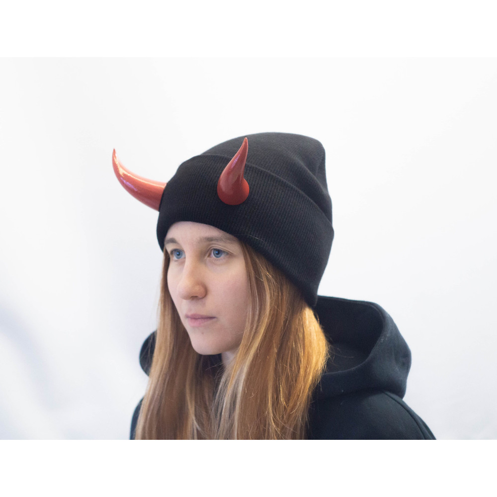 Black Beanie With Red Devil Horns Slouchy Fishermanstyle Beanie With Bull Horns For Halloween Photo 4