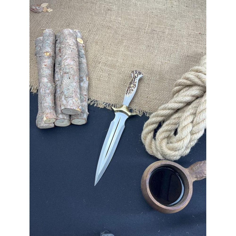 Handmade Fairbairn Sykes Knife With Case Deer Antler Knife Hunting Knife  Double Edge Knife Father  0