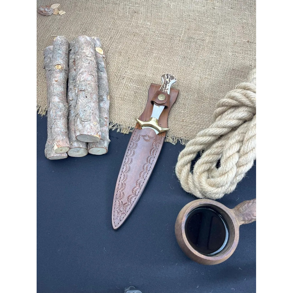 Handmade Fairbairn Sykes Knife With Case Deer Antler Knife Hunting Knife  Double Edge Knife Father  1