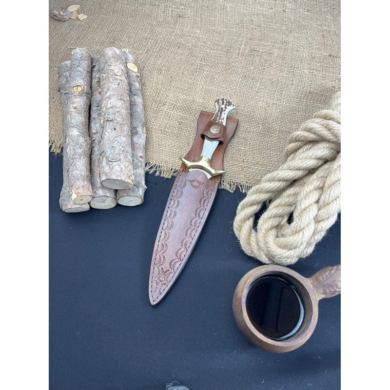 Handmade Fairbairn Sykes Knife With Case Deer Antler Knife Hunting Knife  Double Edge Knife Father  1