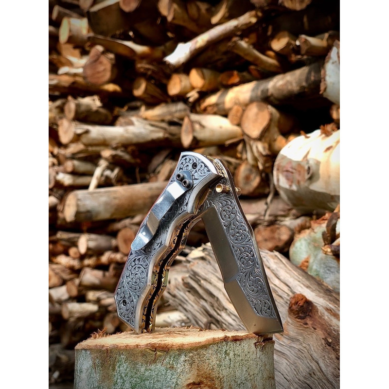 Folding Knife Hand Engraved D2 Steel Pocket Knife Camping Knife Handmade Hunting Knife Best Gifts F 1