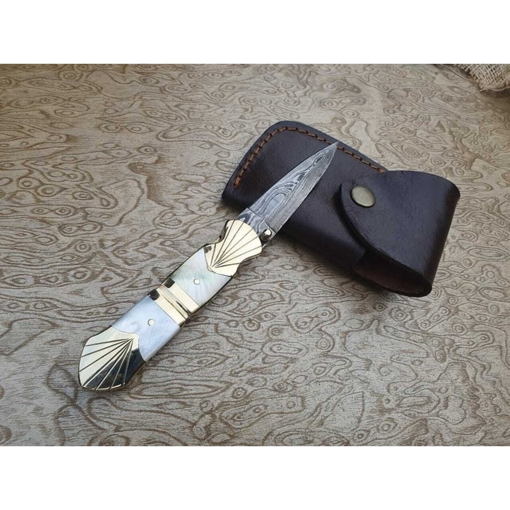 Custom Handmade Folding Damascus Knife Handmade Damascus Pocket Knife Ornamented Folding Knife Am B 1