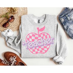 retro teacher sweatshirt, checkered apple teacher, back to school hoodie, first day of school sweatshirt, teacher outfit