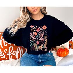 vintage pressed flowers hoodiesweatshirt, boho cottagecore pastel botanical floral pullover fairycore oversized wildflow