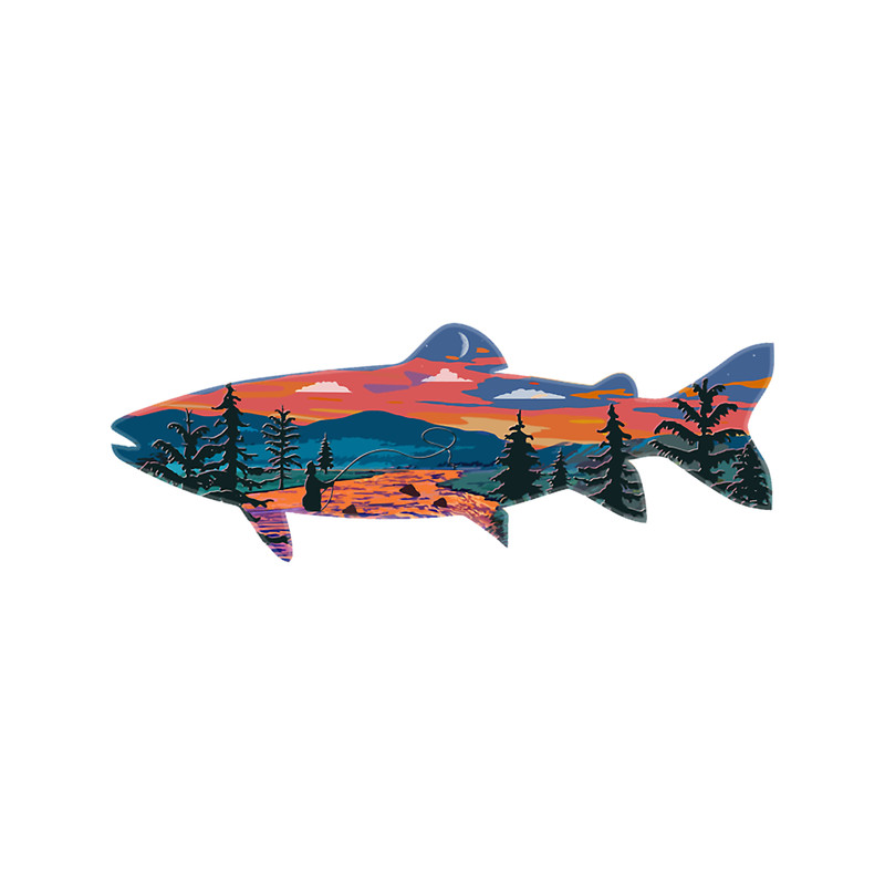 Trout Silhouette Fly Fishing Mountain Sunset River Stream Art .png