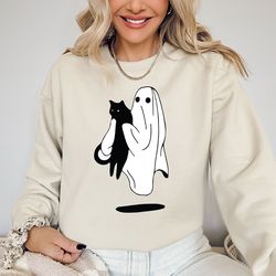 ghost holding cat sweater, halloween sweatshirt, halloween sweater, 2023 happy halloween, retro spooky season, ghost swe