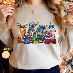 cute stitch coffee sweatshirt, disney couples xmas latte drink cup lights crewneck, lilo stitch epcot shirt, disneyland