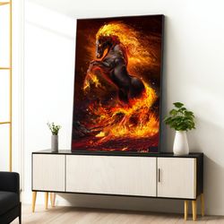 fiery horse canvas painting, horse wall decor, horse poster, stylish horse poster, animal wall art canvas design, framed