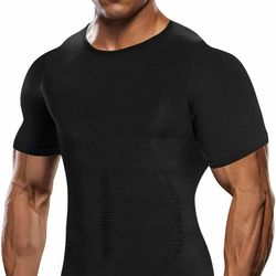 Men Slimming Body Shaper Gynecomastia Black T-shirt Posture Corrector L