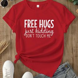 Free Hugs Print Red T-Shirt, Casual Crew Neck Short Sleeve Top For Spring & Summer, Women's Clothing S