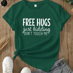 Free Hugs Print Dark Green T-Shirt, Casual Crew Neck Short Sleeve Top For Spring & Summer, Women's Clothing M