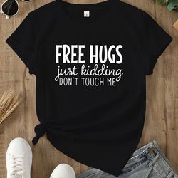 Free Hugs Print Black T-Shirt, Casual Crew Neck Short Sleeve Top For Spring & Summer, Women's Clothing L