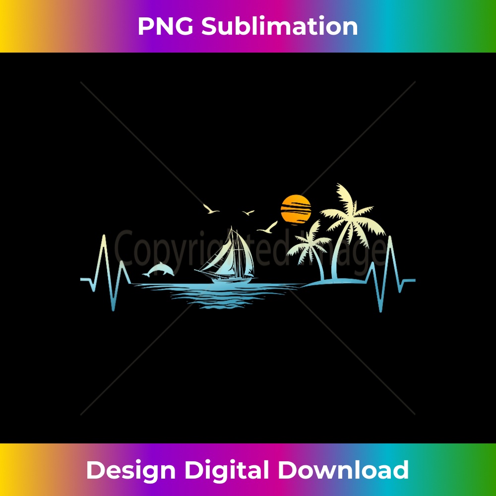 Heartbeat with Sailboat Tropical Palm Trees Beach Island - Premium PNG Sublimation File