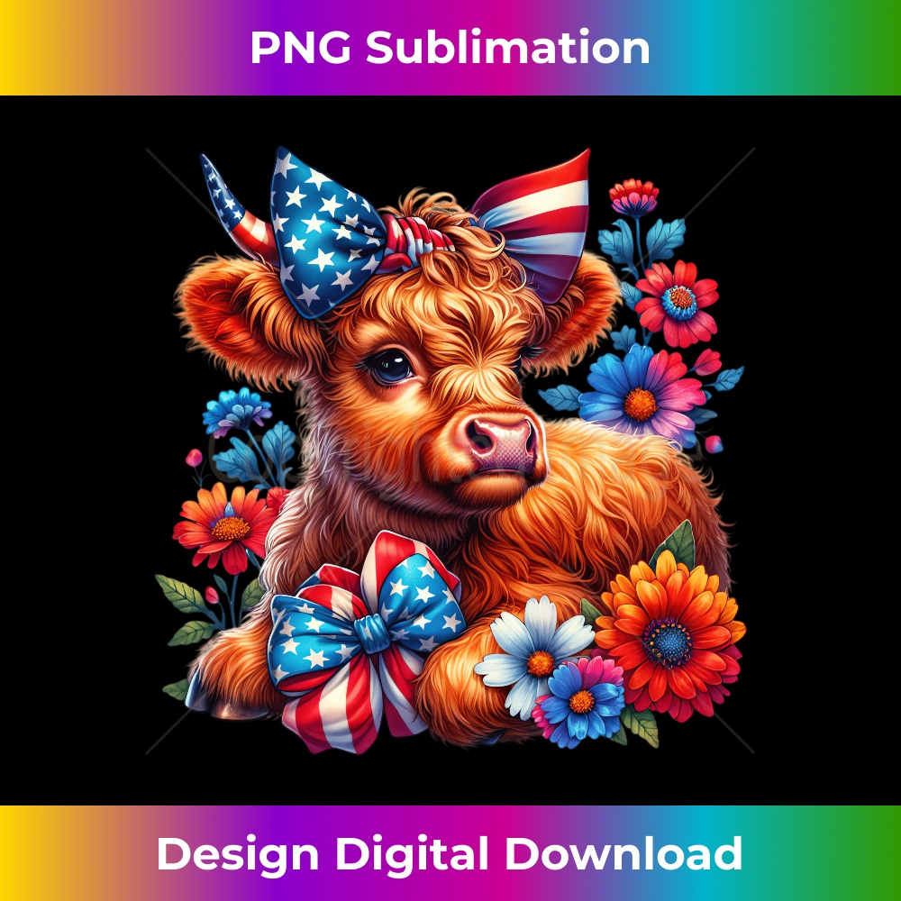 Cute Highland Cow Florals 4th of July USA Flag Patriotic Cow - PNG Transparent Sublimation File