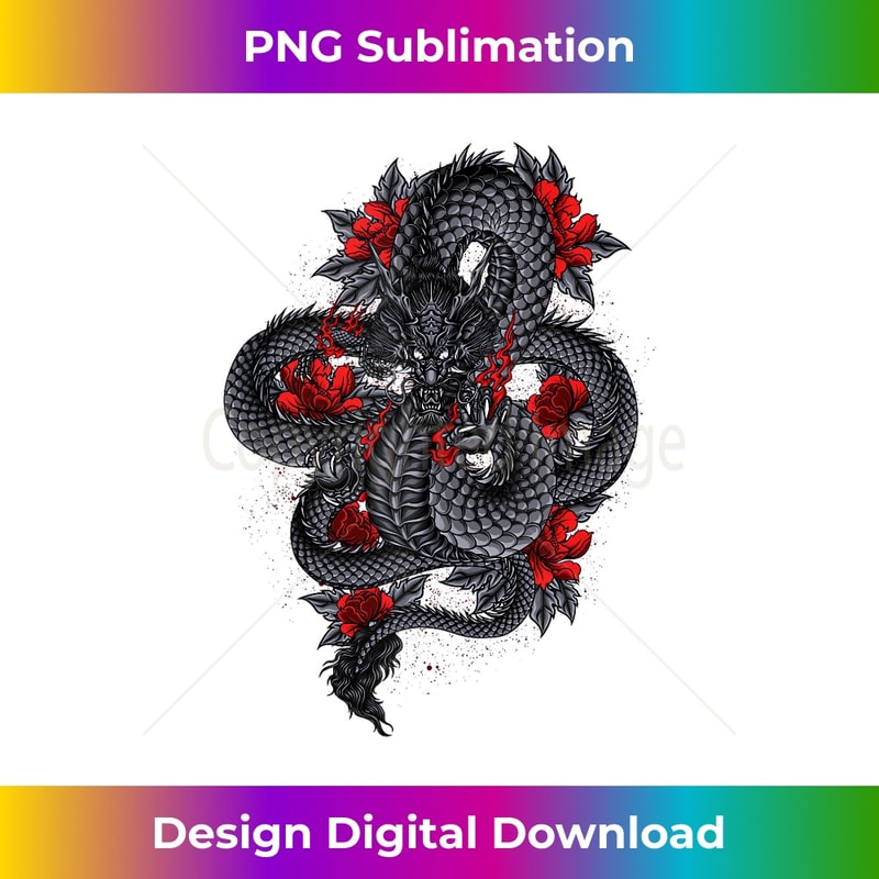 Black Dragon With Red Flowers - Retro PNG Sublimation Digital Download