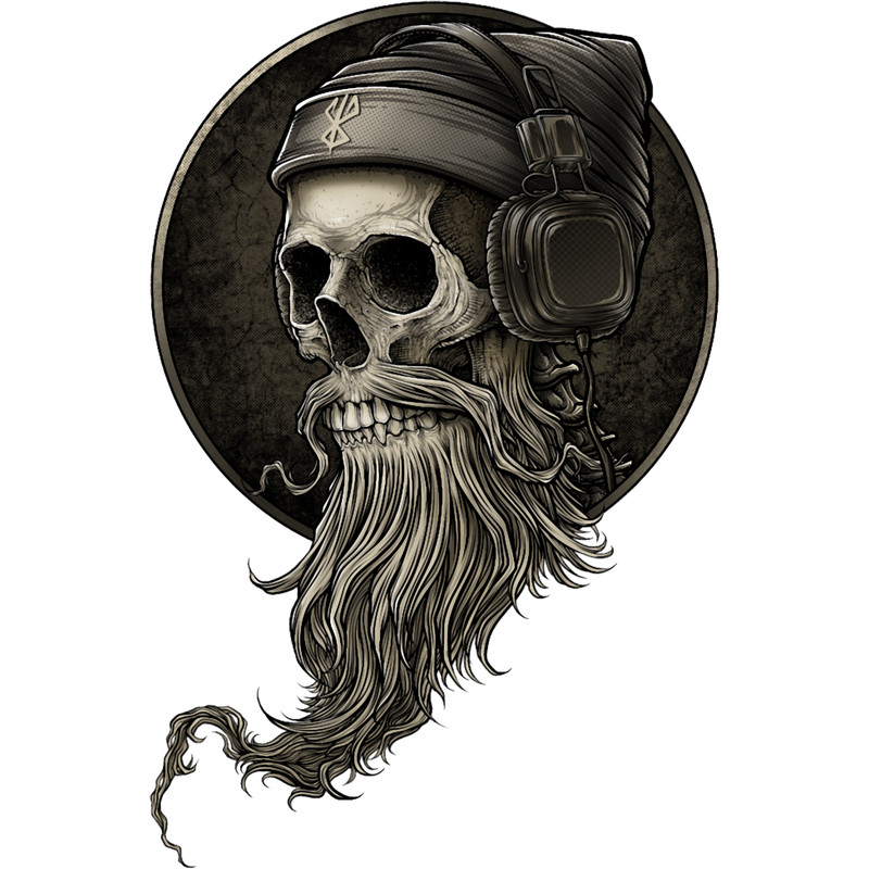 Viking Vintage Skull Beard with Headphone .png
