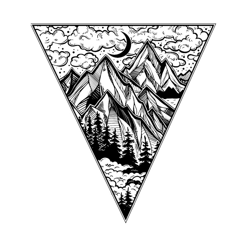 Triangle frame artwork with wilderness landscape scene with a lake, road, pine forest and mountains .png