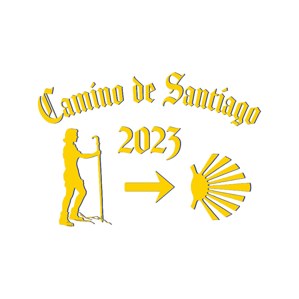 Camino de Santiago 2023 Woman Pilgrim Yellow Arrow Scallop Shell .png