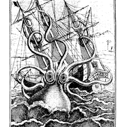 vintage kraken attacking ship illustraton