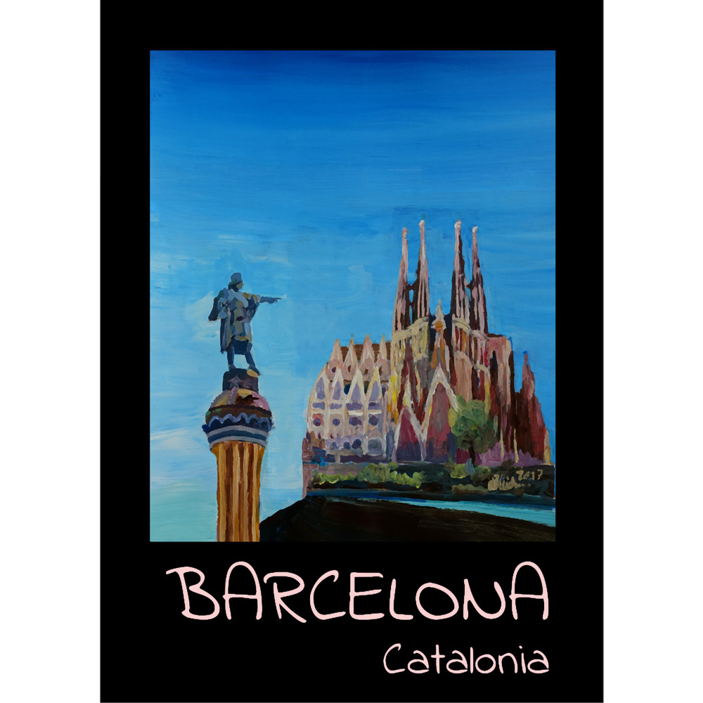 Barcelona mit Columbus Monument und Sagrada Familia - Retro .png