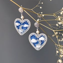 Embroidered velvet earrings, moon heart earrings, designer dangling earrings, blue earrings for women
