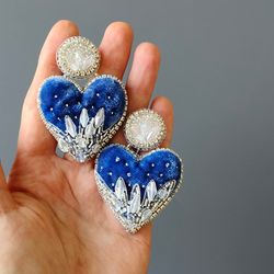 Handmade velvet heart earrings, stud earrings light evening for women - blue silver