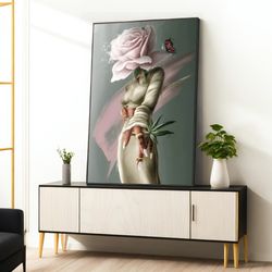 woman with pink rose head canvas painting, woman with flower head wall art, woman with rose head, woman with flower head