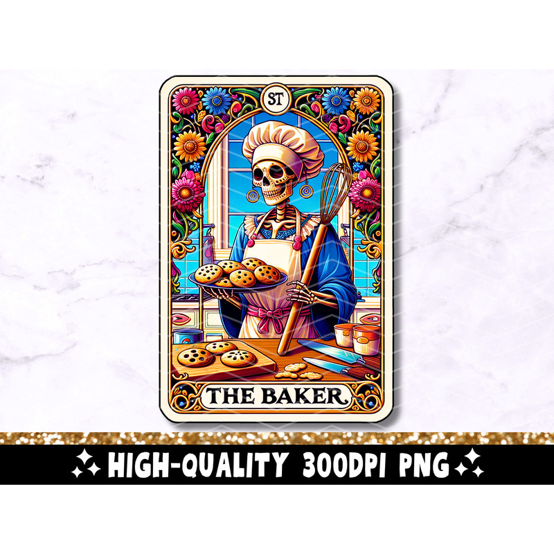 The Baker Tarot Card PNG, Cooking Skeleton Sublimation Design, Baking Skull Cook Witchy Chef Tarot T-Shirt Mug PNG File, Digital Download 1.jpg