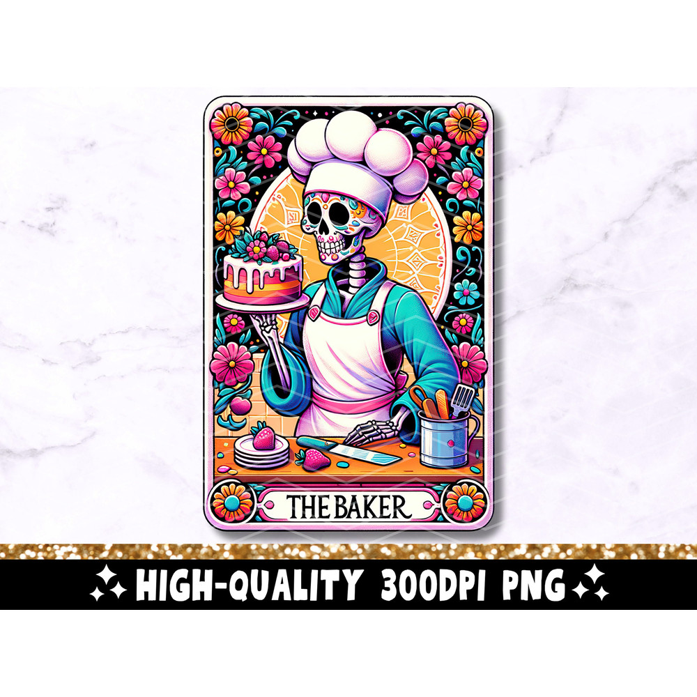 The Baker Tarot Card PNG, Cooking Skeleton Sublimation Design, Baking Skull Cook Witchy Chef Tarot T-Shirt Mug PNG File, Digital Download.jpg
