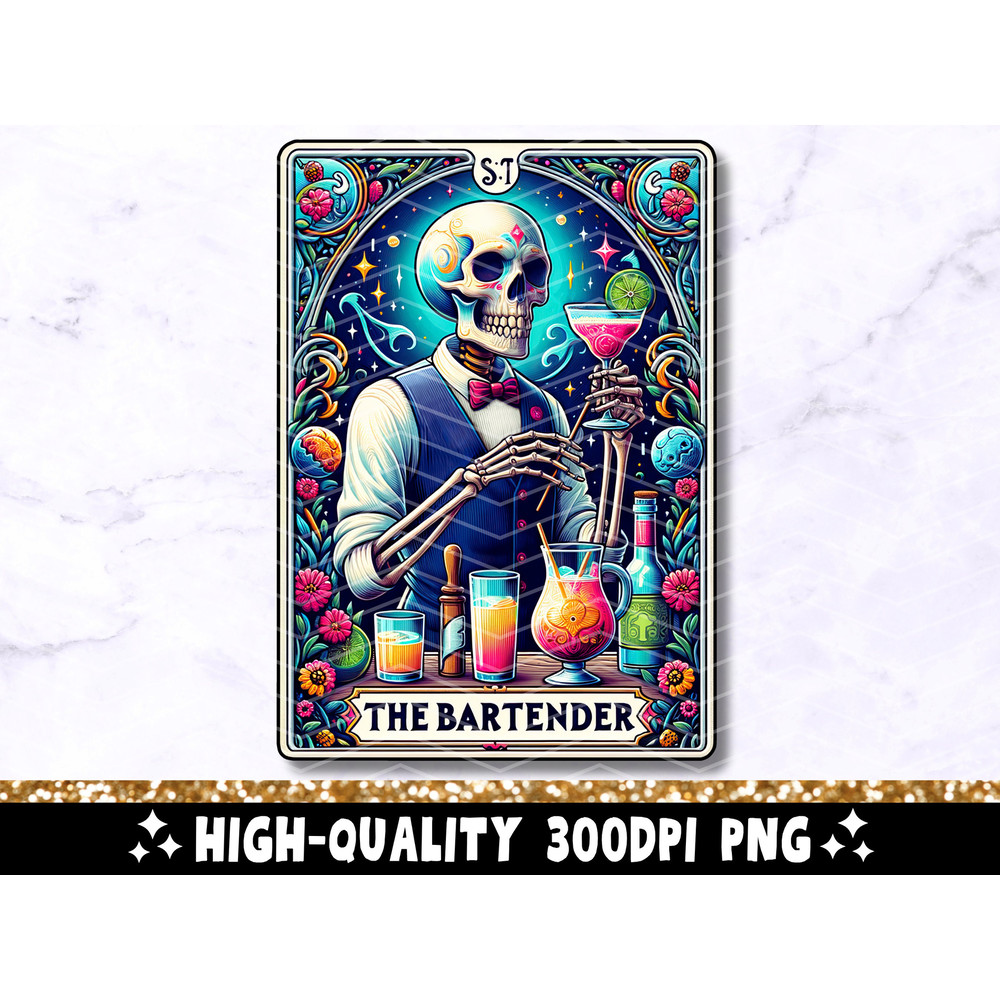 The Bartender Tarot Card PNG, Funny Bartending Skeleton Sublimation Design, Pub Bar Cocktail Skull Tarot T-Shirt Mug PNG, Digital Download 1.jpg