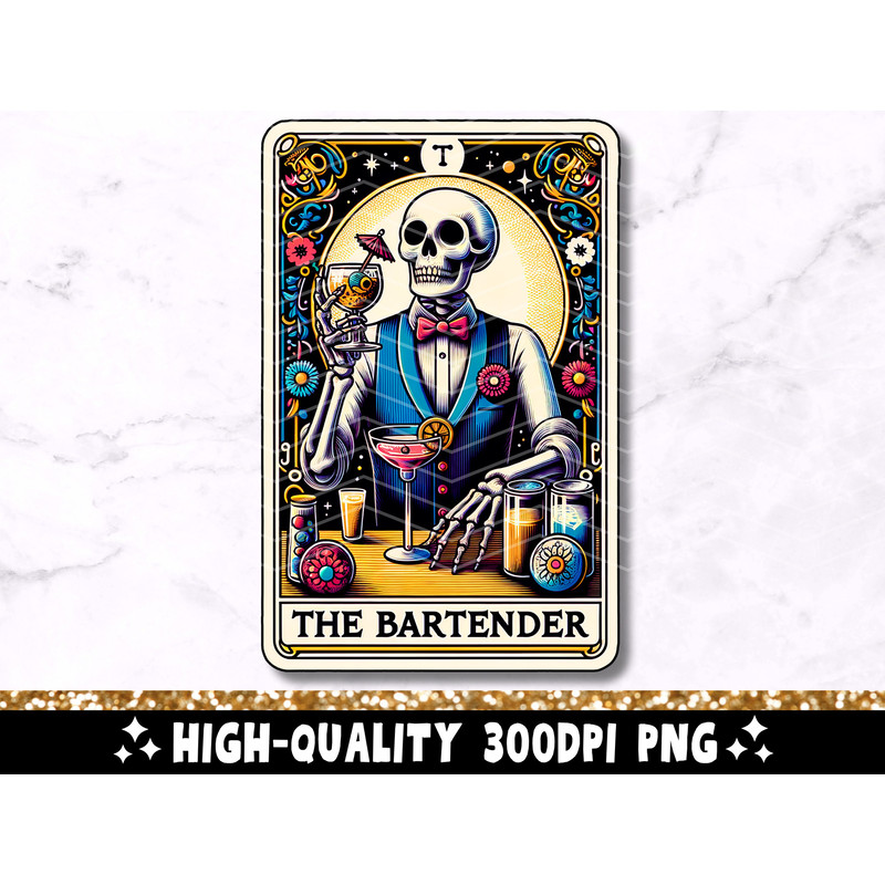The Bartender Tarot Card PNG, Funny Bartending Skeleton Sublimation Design, Pub Bar Cocktail Skull Tarot T-Shirt Mug PNG, Digital Download.jpg