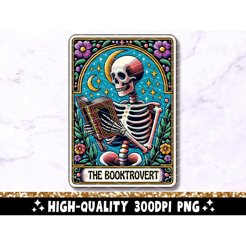 The Booktrovert Tarot Card PNG, Reading Skeleton Sublimation Design, Book Lover Reader Skull Tarot T-shirt Mug PNG File, Digital Download.jpg
