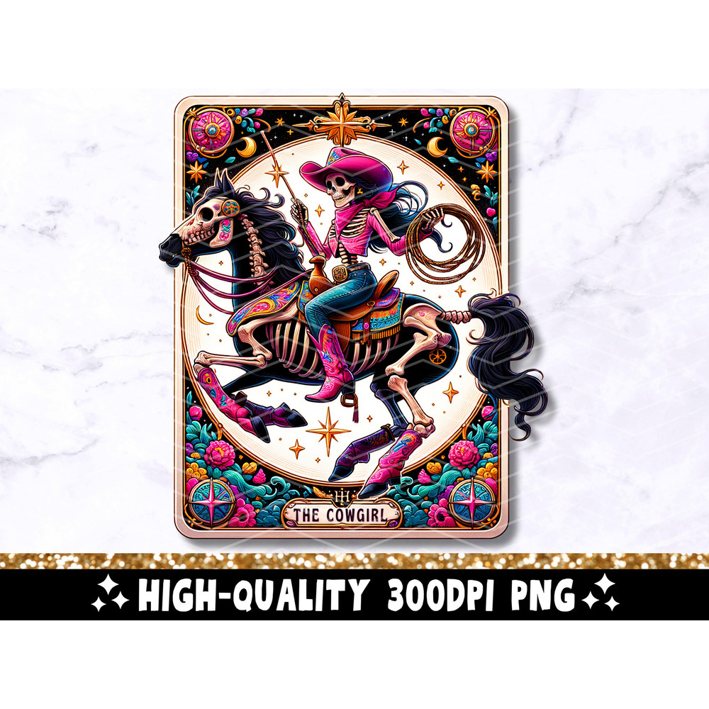 The Cowgirl Tarot Card PNG, Funny Skeleton Skull Trendy Sublimation Design, Country Western T-Shirt Mug PNG File, Instant Digital Download.jpg