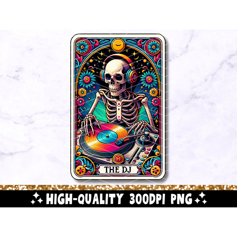 The DJ Tarot Card PNG, Cool Skeleton Sublimation Design, Trendy Disc Jockey Skull Witchy Gothic Tarot T-Shirt Mug PNG, Digital Download 1.jpg