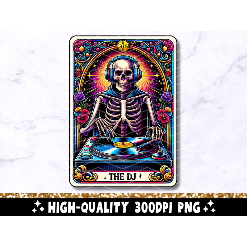 The DJ Tarot Card PNG, Cool Skeleton Sublimation Design, Trendy Disc Jockey Skull Witchy Gothic Tarot T-Shirt Mug PNG, Digital Download.jpg