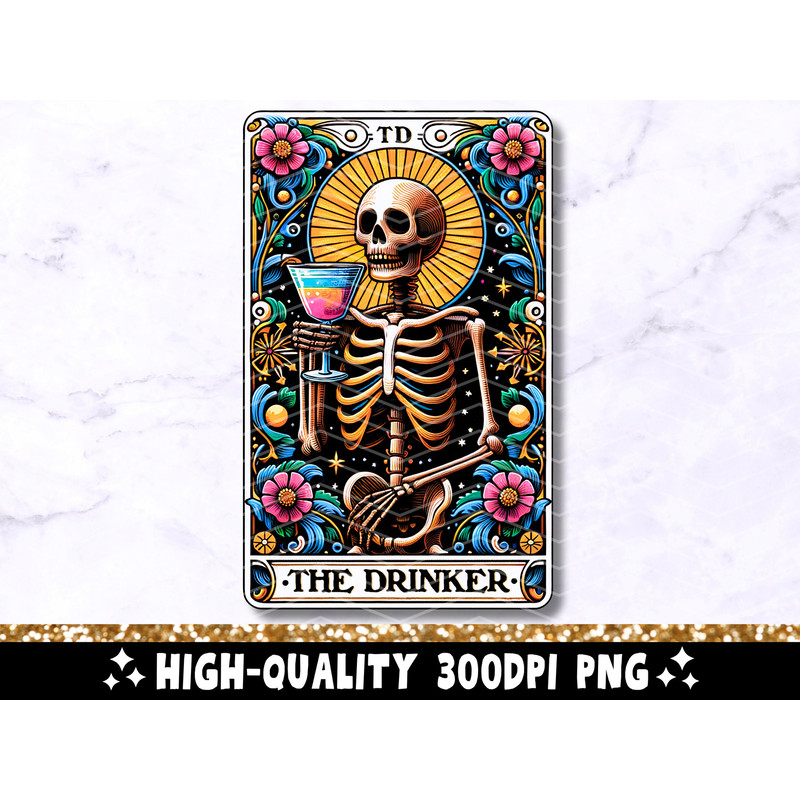 The Drinker Funny Tarot Card PNG, Drinking Skeleton Sublimation Design, Pub Bar Alcohol Cocktail Skull Tarot TShirt Mug PNG Digital Download 1.jpg